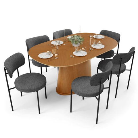 Mesa Valência com 06 Cadeiras para Sala de Jantar Louise L02 Linho Cinza Escuro - Lyam Decor