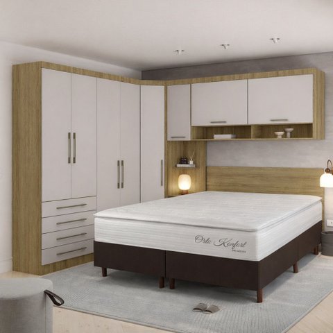 Conjunto Quarto Queen Base Box e Colchão 7 Peças 8 Portas 4 Gavetas Paris Eucamóveis