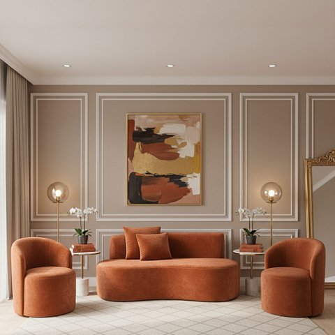 Conjunto Decorativo 02 Poltronas + Sofá Curvo Orgânico Nature Gaia Veludo Terracota - Montanaris Dec