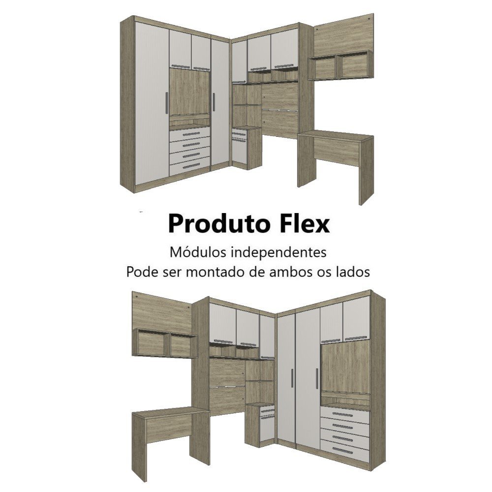 Guarda Roupa Dormitório Modulado Master Solteiro Canto c/ Painel p/ TV Mesa Escrivaninha c/ Nicho -  - 7