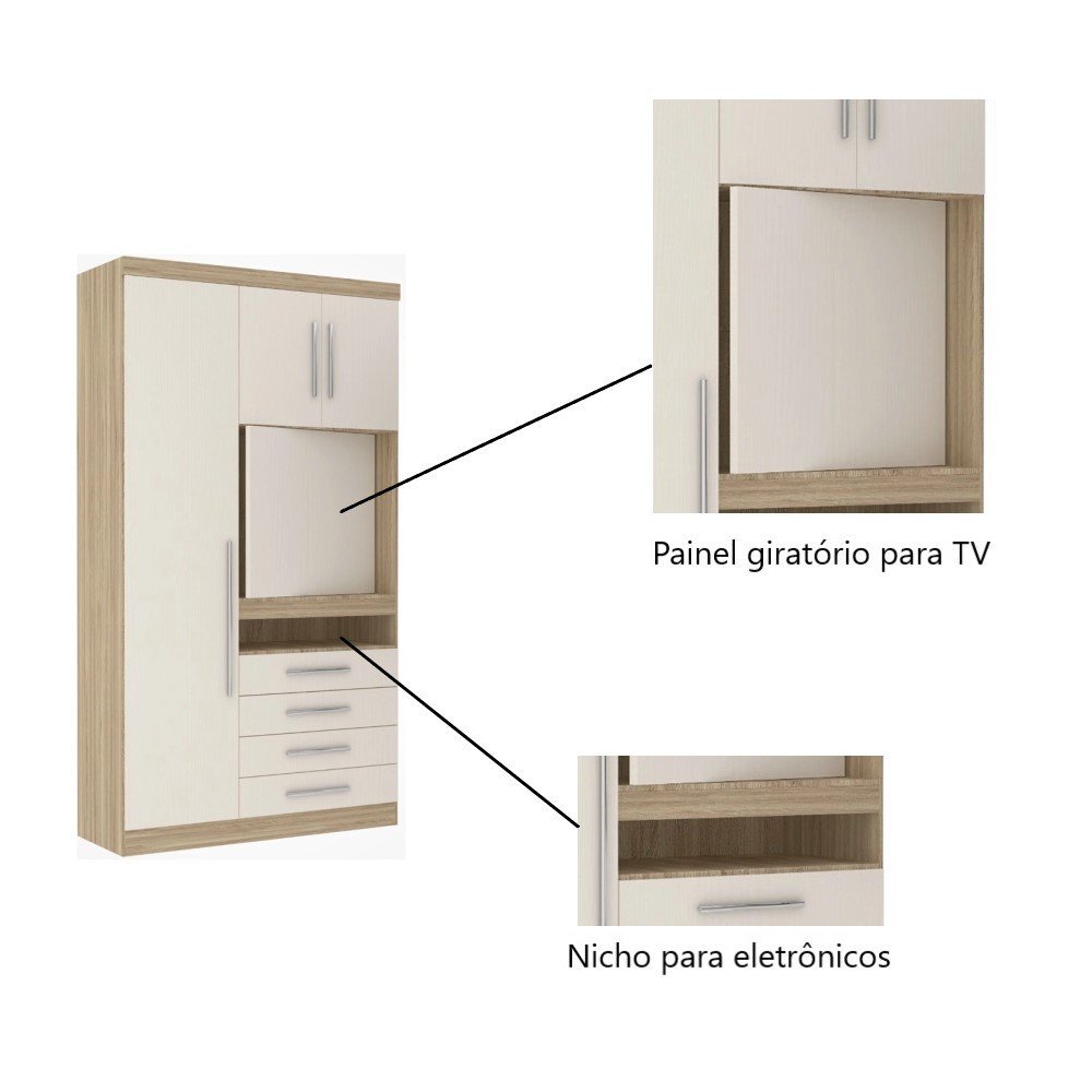 Guarda Roupa Dormitório Modulado Master Solteiro Canto c/ Painel p/ TV Mesa Escrivaninha c/ Nicho -  - 4