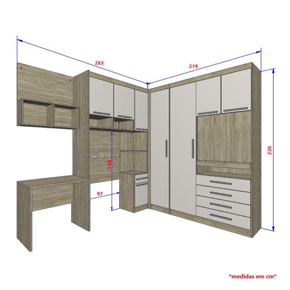 Guarda Roupa Dormitório Modulado Master Solteiro Canto c/ Painel p/ TV Mesa Escrivaninha c/ Nicho -  - 5