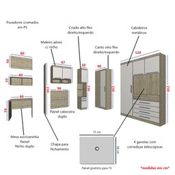 Guarda Roupa Dormitório Modulado Master Solteiro Canto c/ Painel p/ TV Mesa Escrivaninha c/ Nicho -  - 3