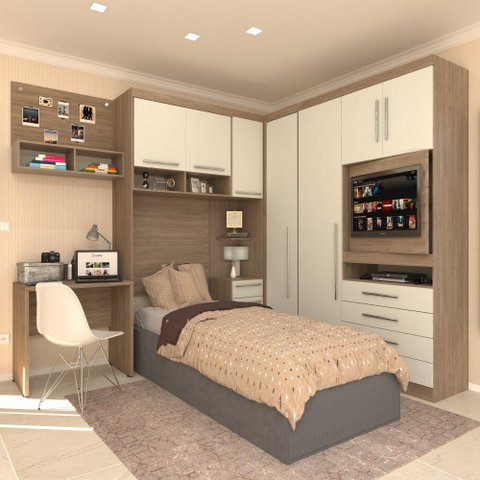 Guarda Roupa Dormitório Modulado Master Solteiro Canto c/ Painel p/ TV Mesa Escrivaninha c/ Nicho - 