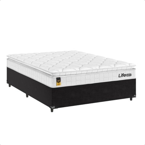 Cama Box Casal Preto + Colchão Life D33 Pillow Top Branco - 61x138x188cm - e - Shop Casa
