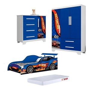 Quarto Infantil Completo Cama Colchão Roupeiro Cômoda Carro:azul