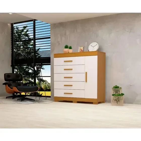 Ver imagem 2 de Cômoda Rayane Acp com 5 Gavetas e Sapateira - Cinamomo/off White