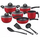 Ver imagem 1 de Conjunto de Panelas Antiaderente Vermelho 9 Peças com Tampa de Vidro e Utensílios Trofa