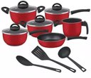 Ver imagem 1 de Conjunto de Panelas Antiaderente Vermelho 9 Peças com Tampa de Vidro e Utensílios Trofa