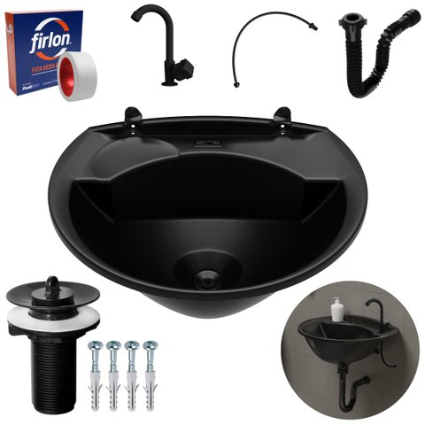 Pia Lavatório Banheiro 4L + Torneira Preta + Sifão Universal Sanfonado + Engate Flexível + Fita Veda