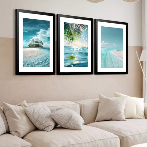 Kit 3 Quadros Grandes Praias Desertas 60x48cm:moldura Preta
