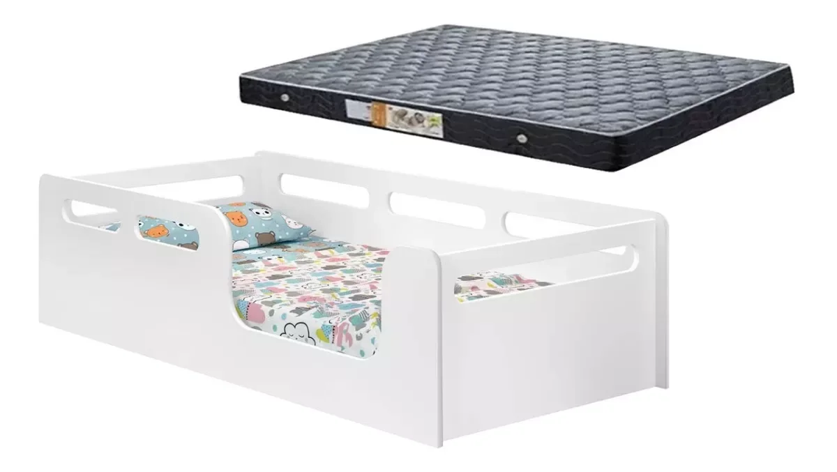 Cama Solteiro Montessoriana com Grade e Colchão 188x88 (Planet)