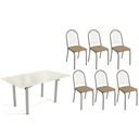 Ver imagem 1 de Conjunto: Mesa de Cozinha Elba Tampo Madeirado C/ Vidro 160cm e 6 Cadeiras Noruega Niquel/off White