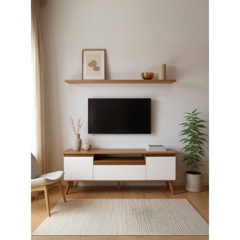 Rack com Prateleira 150cm MDF Nogal com Branco Dallas - On Móveis