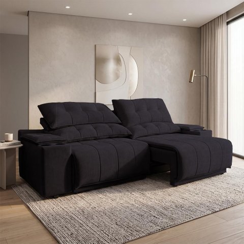 Sofá com Porta Copos Carregador USB Ret Rec Arizona 2,50m Velosuede - Netsofas - Preto