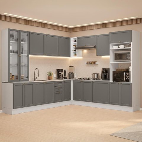 Armário de Cozinha Completa de Canto 549 cm Branco/Cinza Vik Madesa 01