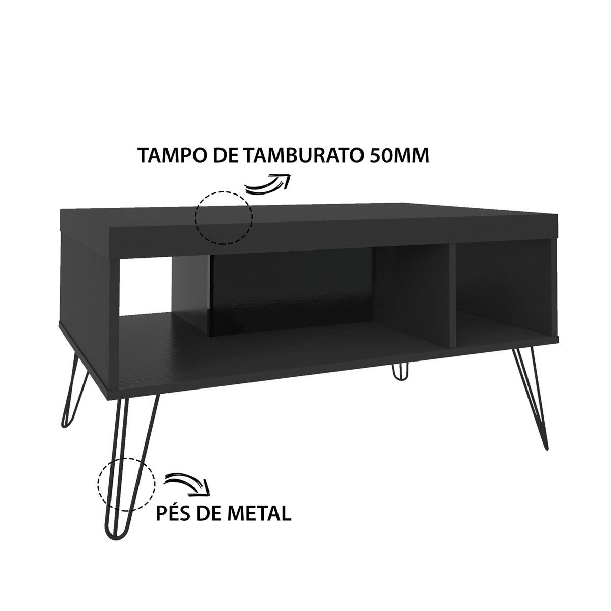 Mesa de Centro Liberty Preto com 2 Nichos e Pés - Artely 004216 - 6
