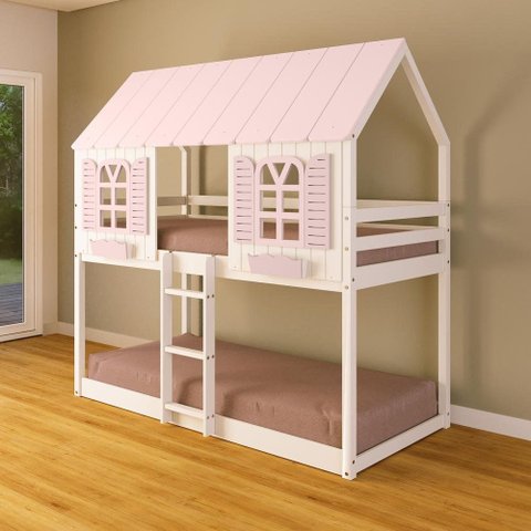 Beliche Montessoriano Casinha Bela - Madeira Maciça Branco/Rosa | Housin