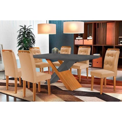 Conjunto: Mesa de Cozinha Imperatriz Tampo Madeirado C/ Vidro Curvo 180x90 e 6 Cadeiras Imperatriz