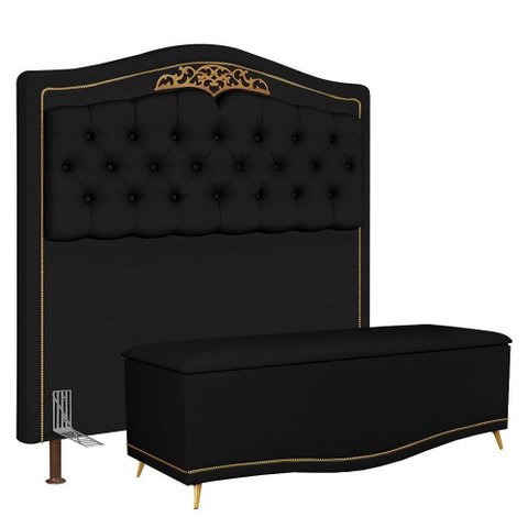Cabeceira Casal Queen 160cm com Calçadeira Baú J02 Preto