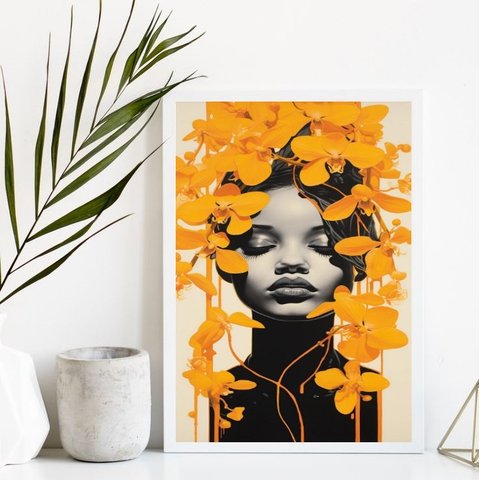 Quadro Decorativo Mulher Orquídeas Amarelas 33x24cm:madeira Branca