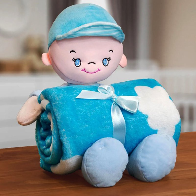 Manta Baby com Boneco de Pelúcia Bouton Microfibra Sky Azul Buettner Manta e Boneco