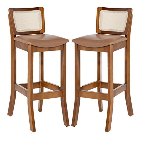 Kit 2 Banquetas Alta com Encosto Rattan Portugal Estofada Impermeável Caramelo L85 Rmi
