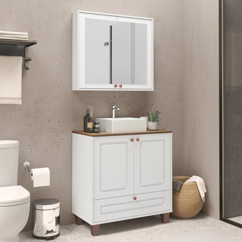Gabinete para Banheiro com Cuba e Espelheira 80cm Córdoba Yescasa Branco/Carvalho