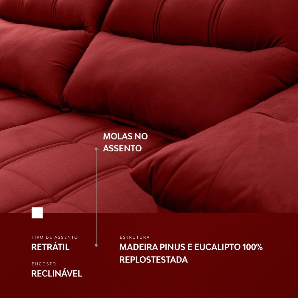 Sofá Retrátil/Reclinável Verona 1,80m Suede Velut Vermelho c/ Molas no Assento - King House - 8