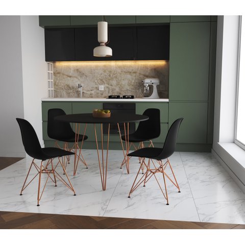 Mesa de Jantar Redonda 90cm Preta Clips 3 Pés com 4 Cadeiras Eames Eiffel Pretas Base Cobre