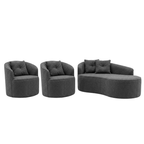 Kit Sofá Orgânico Curvo Feijão + 02 Poltronas Sala Estúdio Amore Bouclê Chumbo - Vimont Moveis
