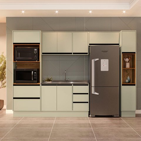 Cozinha Koya 5 Peças 306,8cm Armários Aéreos Torre Quente Paneleiro Balcão Rodapé Verde 250037