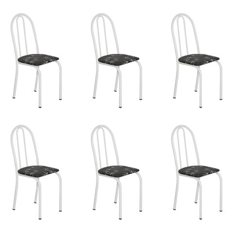 Kit 6 Cadeiras de Cozinha Califórnia Estampado Preto Florido Pés de Ferro Branco - Pallazio