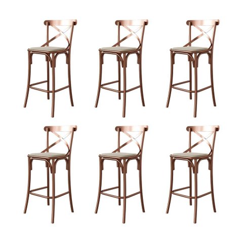 Kit 6 Banquetas Katrina com Encosto em Aço Cobre Assento em Corano para Bancada de Cozinha - Bege