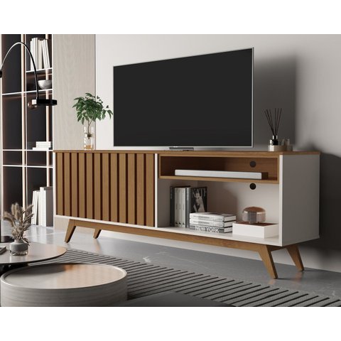 Rack Buriti Ripado Real 160cm 2 Portas para TV até 65 Polegadas, Pés em Madeira Maciça