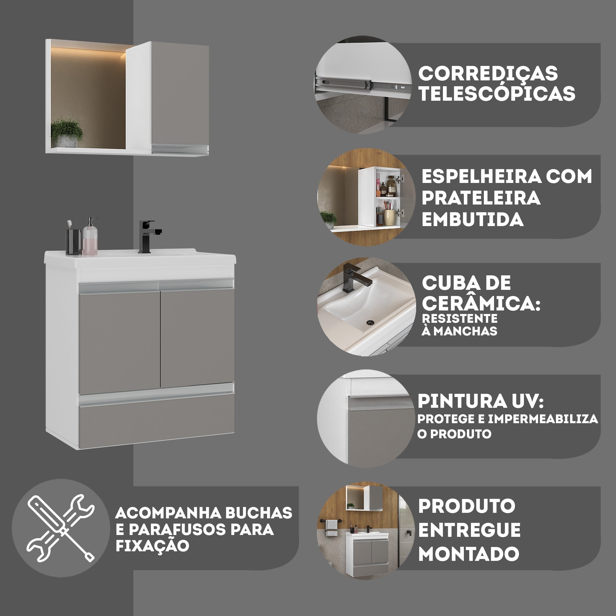 Kit Gabinete Banheiro Fox 60cm Branco/cinza (gabinete + Cuba + Espelheira) - 6
