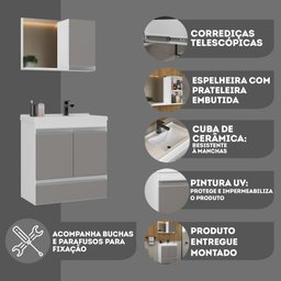 Kit Gabinete Banheiro Fox 60cm Branco/cinza (gabinete + Cuba + Espelheira) - 6