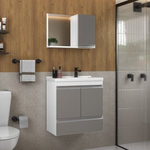 Kit Gabinete Banheiro Fox 60cm Branco/cinza (gabinete + Cuba + Espelheira)