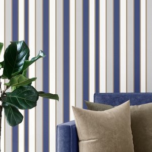 Papel De Parede Lavável Listrado Dourado E Azul