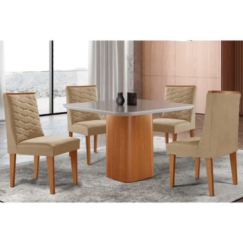 Conjunto: Mesa Sala Jantar Maldivas C/ Tampo Madeirado C/ Vidro Canto Curvo 90x90cm e 4 Cadeiras