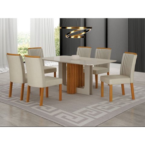 Conjunto Jantar 6 Cadeiras 1,60x80 Izabelle - Arbo Design - Cinamomo Off White Linho Palha