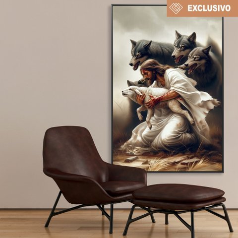 Quadro Decorativo Jesus Protegendo o Cordeiro Dos Lobos Sala Quarto Casa Escritório
