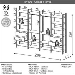 Closet Modulado 4pc 2,89m 4 Gavetas 2 Cabides e Prateleiras Tw406 Dalla Costa-freijó/preto Fosco - 3