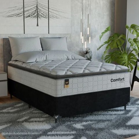 Cama Box Casal + Colchão Comfort Class Pillow Top 138x188 Branco/suede Preto