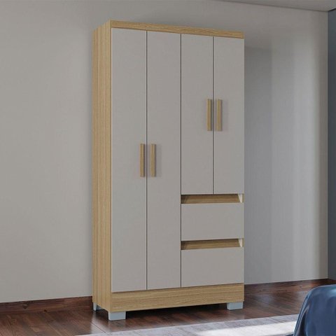 Guarda Roupa de Solteiro Napoles 4 Portas 2 Gavetas MDP Damasco-Off White Poquema Móveis