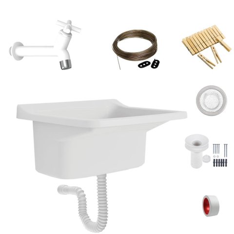 Tanque Lavanderia 34l Branco + Sifão Sanfonado + Veda Rosca + Torneira Branca + Varal em Aço + Prend