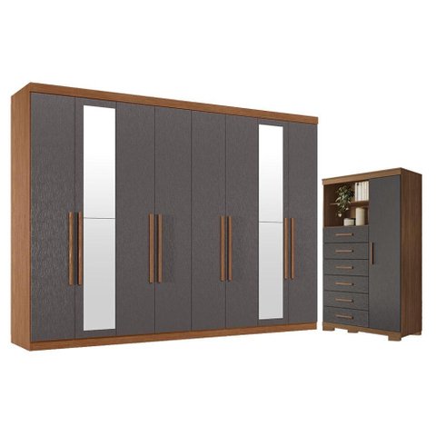 Guarda Roupa Casal 8 Portas 4 Gavetas Master New com Espelho e Cômoda Marabá com Pés Jatobá