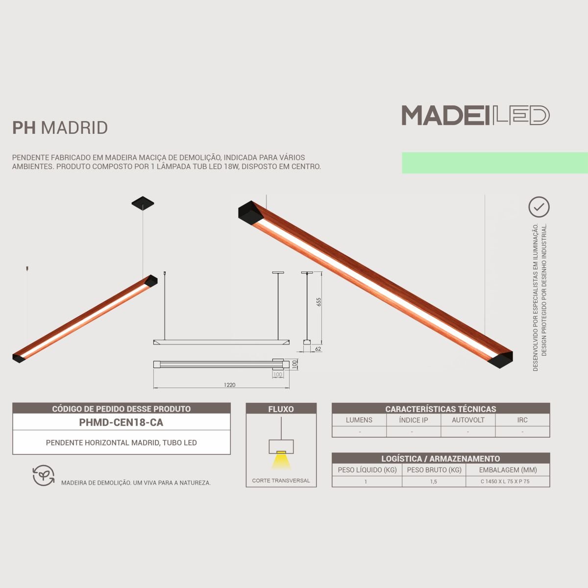 Luminária Pendente Led Madrid 18w em Madeira de Demolição - 4