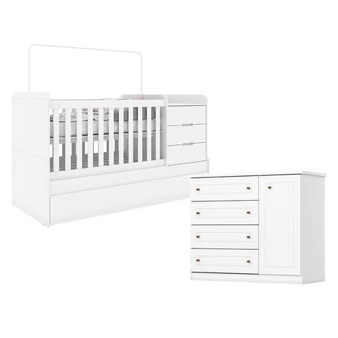 Berço Multifuncional Cleo e Cômoda Infantil Americano Branco Fosco - Carolina