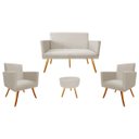 Ver imagem 1 de Kit Namoradeira + 2 Poltronas Decorativa Nina + Puff Redondo Suede Bege Pés Madeira Mz Decor